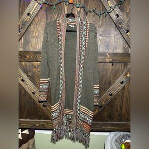 Boho Longline Knit Cardigan Fringe Hem Olive Green